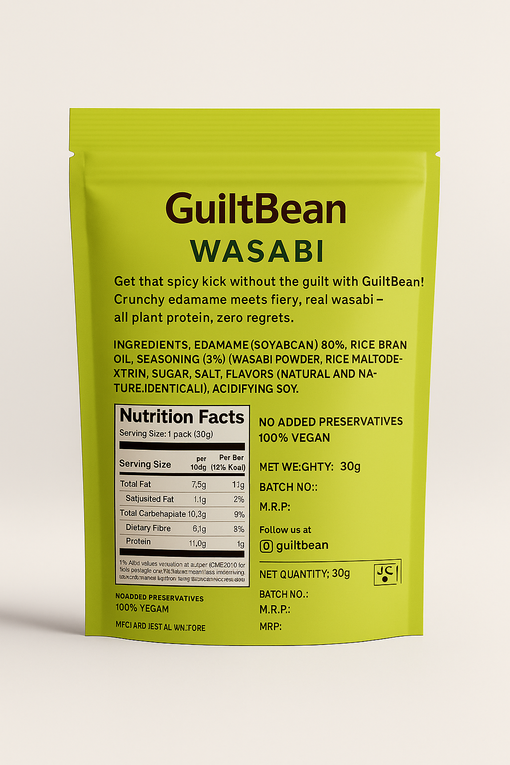 GuiltBean Wasabi Roasted Edamame | 11g Protein | 30g Pack | High Protein Snack | Spicy & Crunchy | 100% Veg
